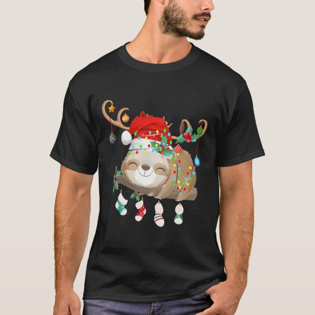 Sloths Julafton Gift Lighting Reindeer Santa Hat S T Shirt (Framsida)