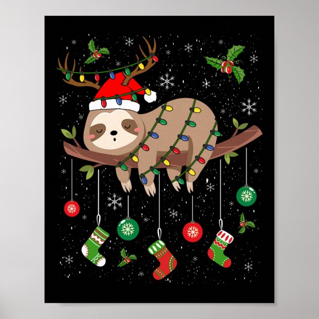 Sloths Julafton Lighting Reindeer Santa Hat Sloth  Poster (Framsidan)
