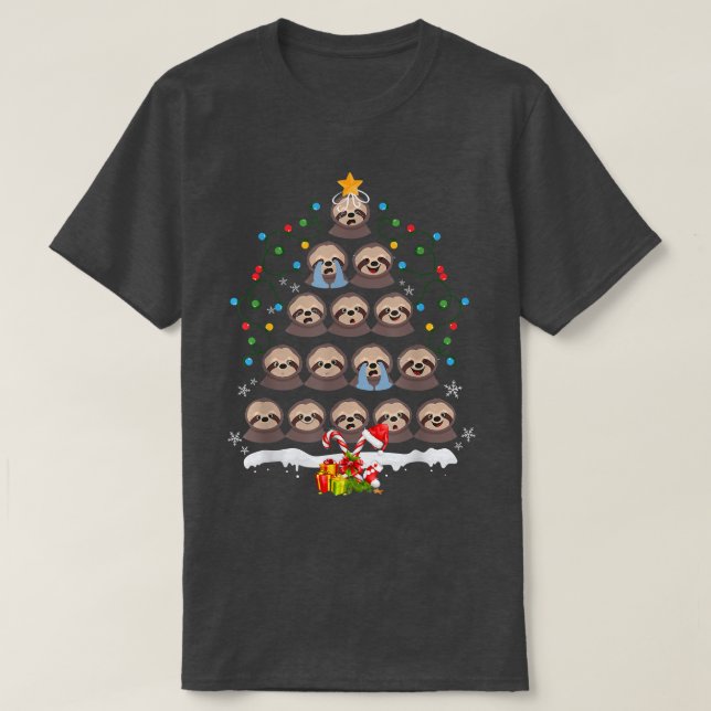Sloths Julgran Ljus Cute Santa Hat Älskare T Shirt (Design framsida)