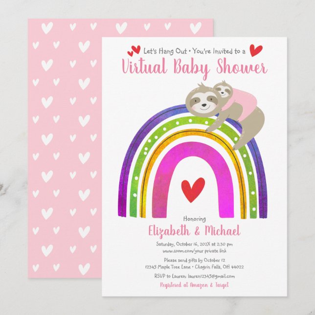 Sloths Virtuell Girl Baby Shower Cute Boho Rainbow Inbjudningar (Fram/baksida)