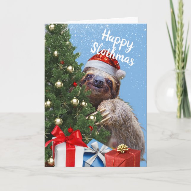 Slothy Jul Sloth i Santa Hat och Träd Card Helgkort (Framsida)