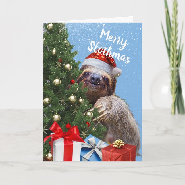 Slothy Jul Sloth i Santa Hat och Träd Card Helgkort (Framsida)
