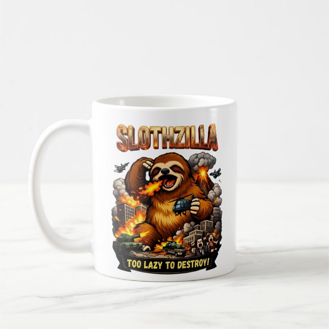 Slothzilla Too Lazy to Destroy,Funny Kaiju Monster Kaffemugg (Vänster)