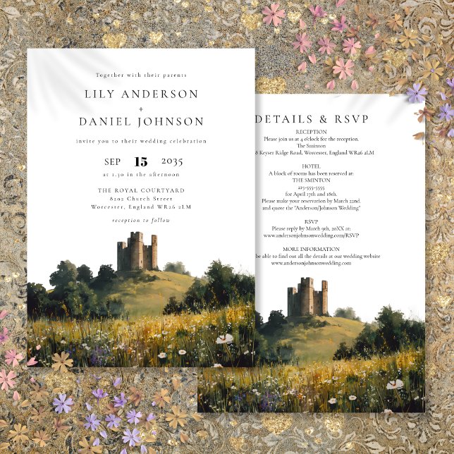 Slott Blommig Landsbygd Allt-i-ett Bröllop Inbjudningar (Castle Floral Countryside All In One Wedding Invitation)