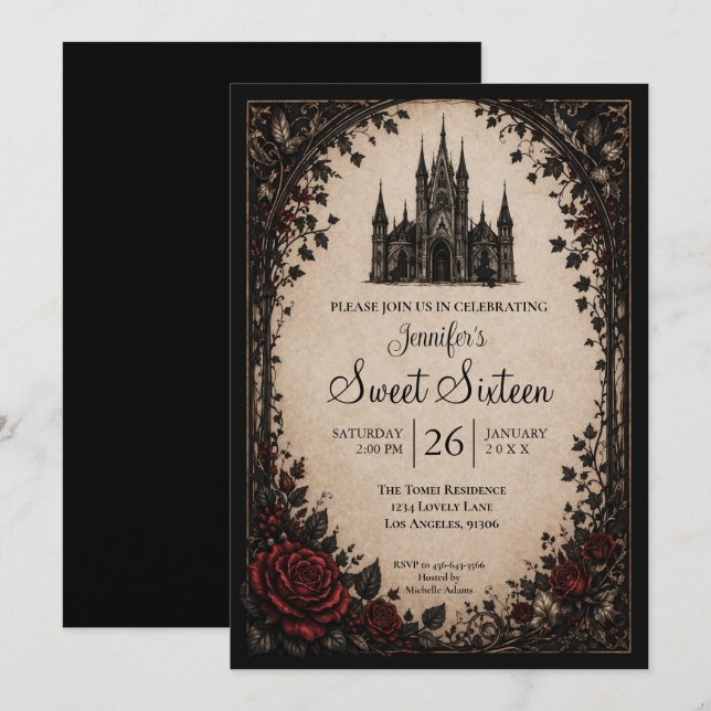 Slott Floral Gotisk Sweet 16 Inbjudningar (Fram/baksida)