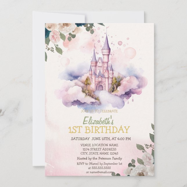 Slott Moln Blommor Prickar Födelsedag   Inbjudningar (Framsida)