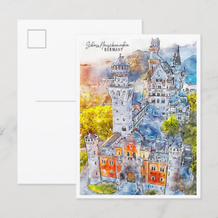 Slott Neuschwanstein Tyskland resor akvarell Vykort