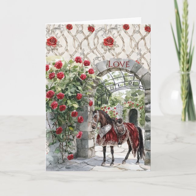 Slott Röda Kungliga Romantiska Rosor Häst Kort (Framsida)