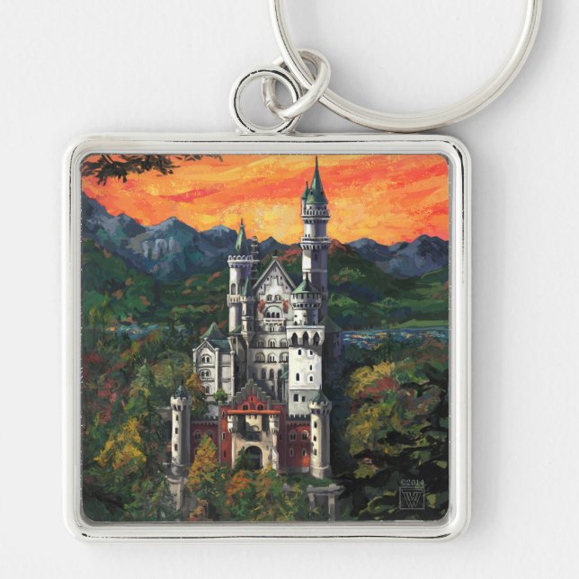 Slott Schloss Neuschwanstein Fyrkantig Silverfärgad Nyckelring (Framsidan)