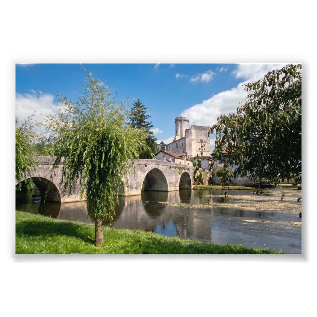 Slottet Bourdeilles och stenbron, Frankrike Fototryck (Framsidan)