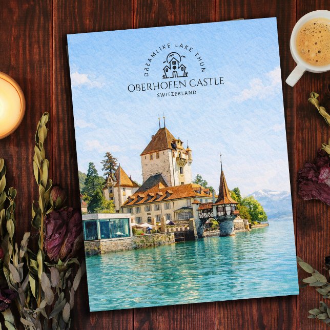 Slottet Oberhofen sjön Thun, Schweiz | Souvenir Vykort (Oberhofen Castle Lake Thun, Switzerland | Souvenir Postcard)