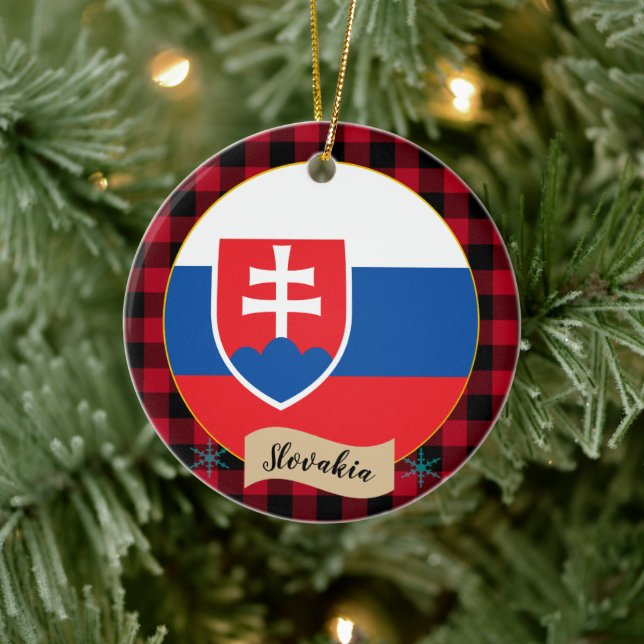 Slovakien, Red buffalo plaid & Slovakia Flagga Julgransprydnad Keramik (Träd)