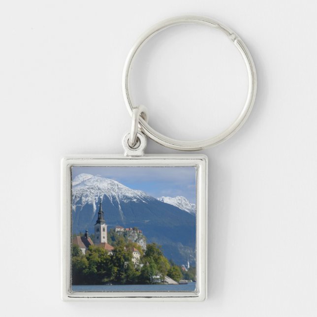 Slovenien, Bled, Bledsjön, Bledön, Bled Fyrkantig Silverfärgad Nyckelring (Framsidan)