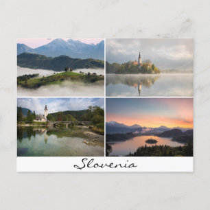 Sloveniens landskap med kyrkornas kollage souvenir vykort