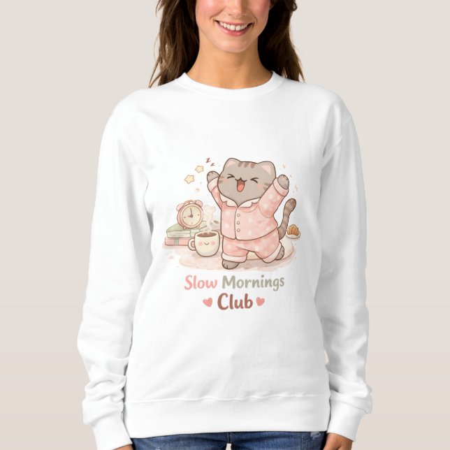 Slow Morning Club Hygge Cute Kawaii Kitty Cat Warm T Shirt (Framsida)