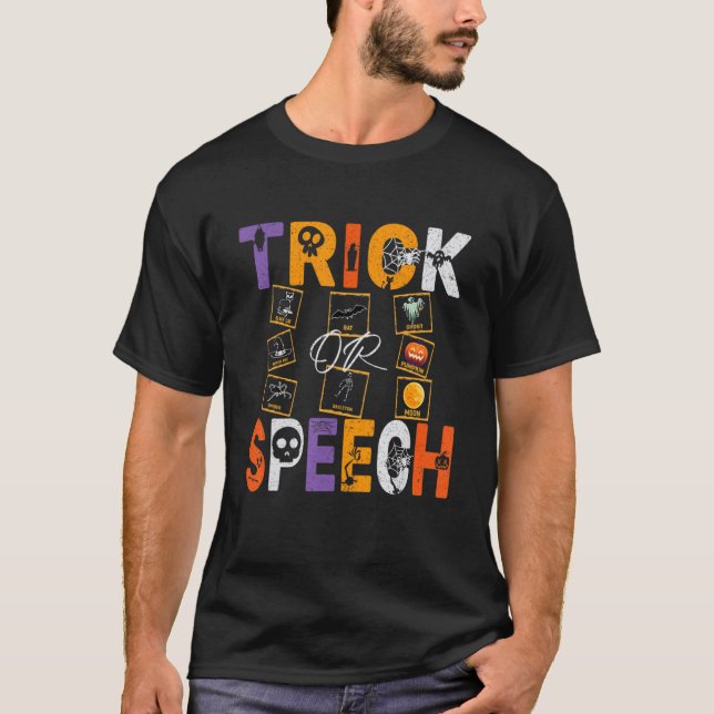 SLP-citat Trick Or Speech Therapy Halloween AAC T Shirt (Framsida)