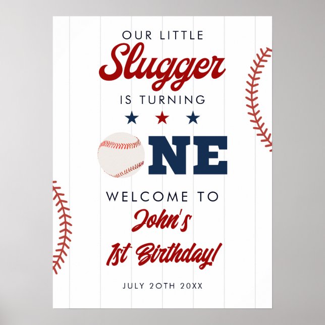 Slugger Baseball 1st Birthday Welcome Sign Poster (Framsidan)