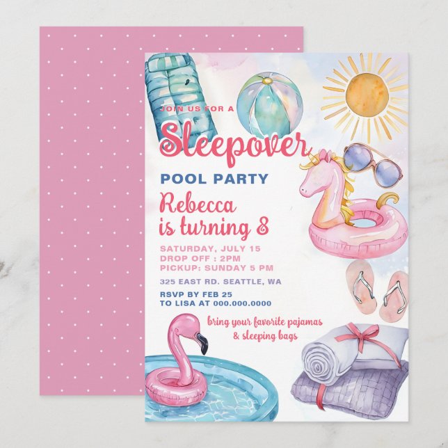Slumber Bassäng Party Rosa Girl Girl Tween Tonårin Inbjudningar (Fram/baksida)