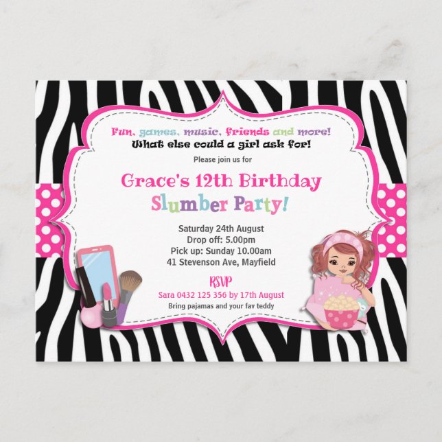Slumber Födelsedagsfest Zebra tryck Flickinbjudan Vykort (Framsida)