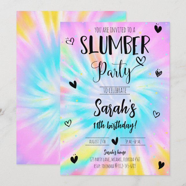 Slumber Girl Tie Dye Födelsedagsfest Inbjudningar (Fram/baksida)