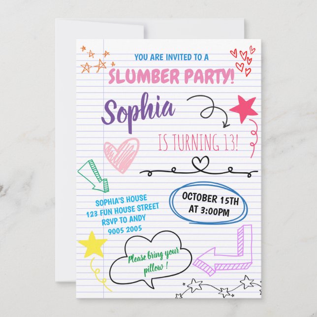 Slumber Party Birthday Girls Tween Tonåring barn Inbjudningar (Framsida)