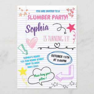 Slumber Party Birthday Girls Tween Tonåring barn Inbjudningar