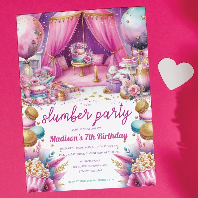 Slumber Party Birthday Pastel Rosa Lila Guld Inbjudningar (Skapare uppladdad)