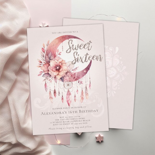 Slumber Party Boho Dreamcatcher Crystals Sweet 16 Inbjudningar (sweet 16 sleepover party idea boho dreamcatcher crystals pink gold calligraphy pj pajama slumber)