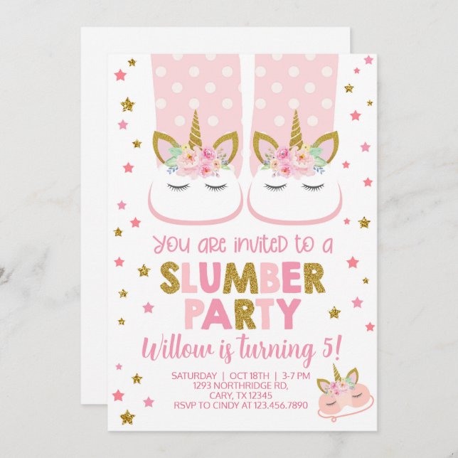 Slumber party Flickfödelsedag inbjudan. Inbjudningar (Fram/baksida)