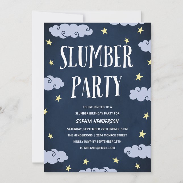 Slumber Party | Illustrerad marin blå födelsedag Inbjudningar (Framsida)