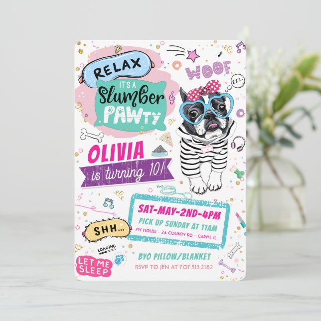 Slumber Party Pug Birthday Inbjudan Puppy Hund (Stående Fram)