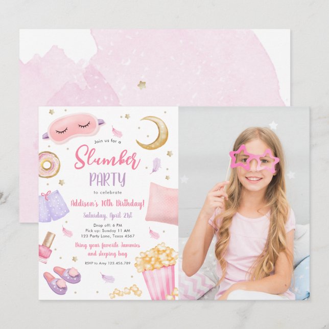 Slumber Party Sleepover Girl Spa Rosa Birthday Inbjudningar (Fram/baksida)