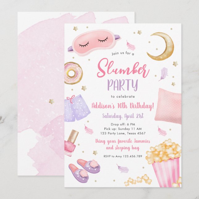 Slumber Party Sleepover Girl Spa Rosa Birthday Inv Inbjudningar (Fram/baksida)