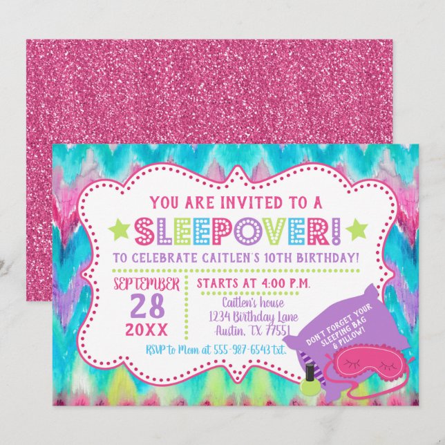 Slumber Party Sleepover Pastel Rainbow Birthday Inbjudningar (Fram/baksida)