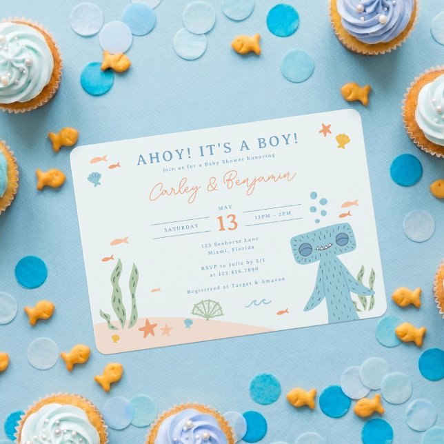 Slumberkins Hammerhead Babyfest Inbjudningar (Invitation on simulated table)