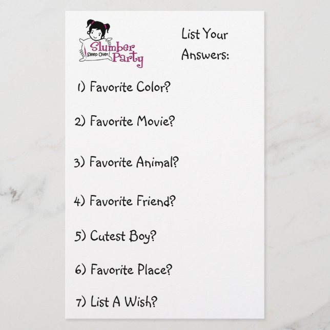 Slummerpartyroligt listar 2 brevpapper (Framsida)