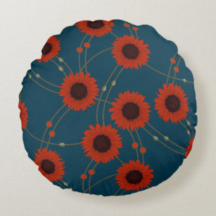 Slumpmässiga Art Nouveau Solrosor Retro Blommotiv Rund Kudde