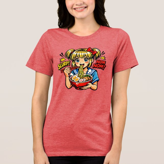 Slurp Nom Anime Girl Ramen Noodles T Shirt (Framsida)