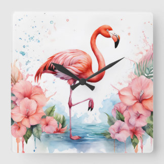 Sluss med Flamingo och Blommor Fyrkantig Klocka