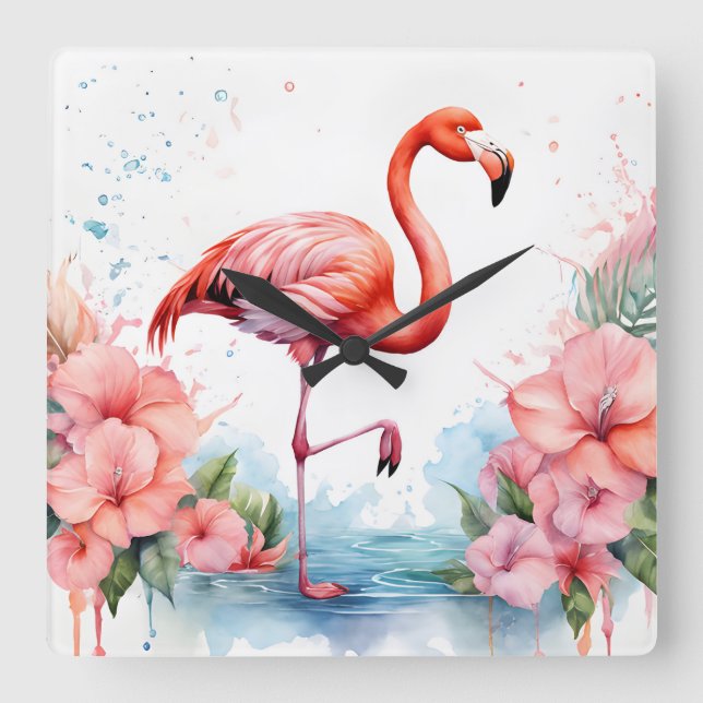 Sluss med Flamingo och Blommor Fyrkantig Klocka (Framsida)