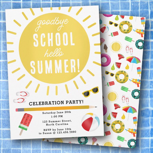 Slut på Hej Sommar Kids Party Inbjudningar (End of School Goodbye Hello Summer Kids Party Invitation)