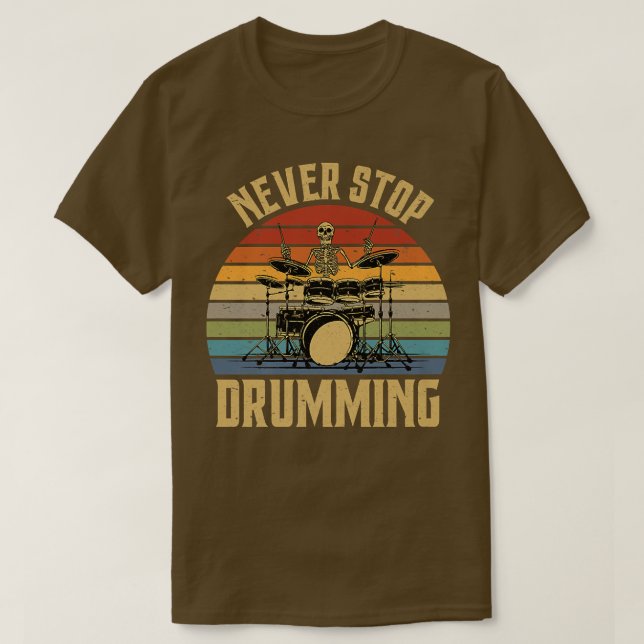 Sluta aldrig med Drumming Funny Skeleton Retro Vin T Shirt (Design framsida)