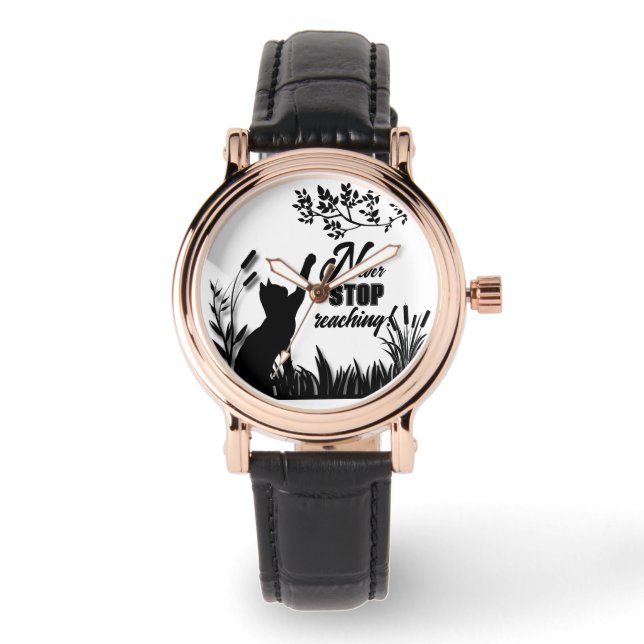 "Sluta aldrig nå" silhouette cat watch Armbandsur (Framsida)