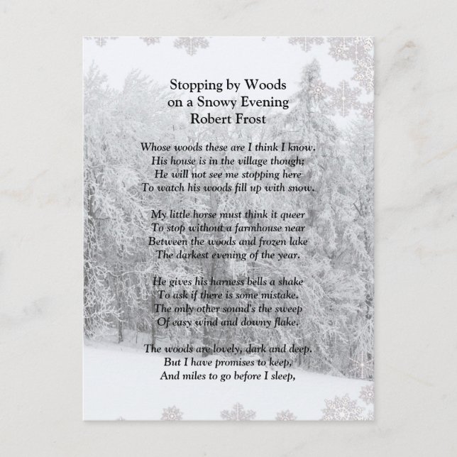 Sluta av Skogen Snowy Evening Robert Frost Dikt Vykort (Framsida)