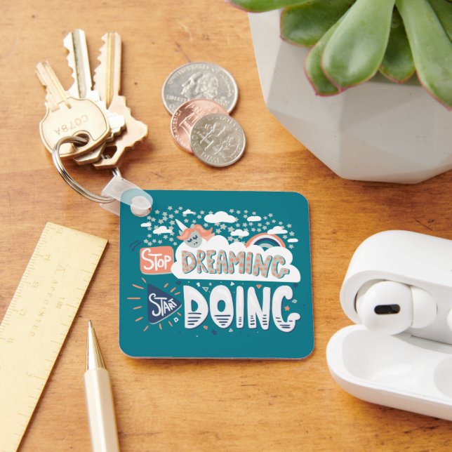 Sluta drömma, börja göra Mörk turkos Metall Nyckelring (Skrivbord)