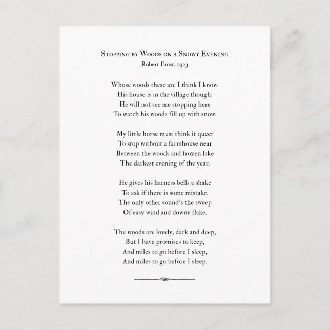 Sluta med Skogen på en snöafton, Robert Frost Vykort (Framsida)