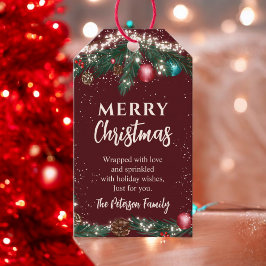 Sluten jul ljus gräs grenar snö röd presentetikett