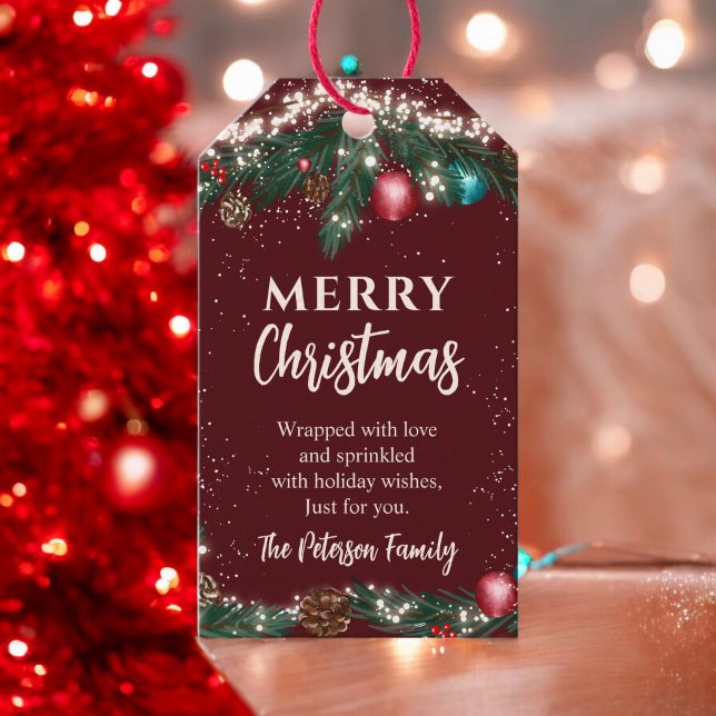 Sluten jul ljus gräs grenar snö röd presentetikett (Festive Christmas lights pine branches snow red Gift Tags)