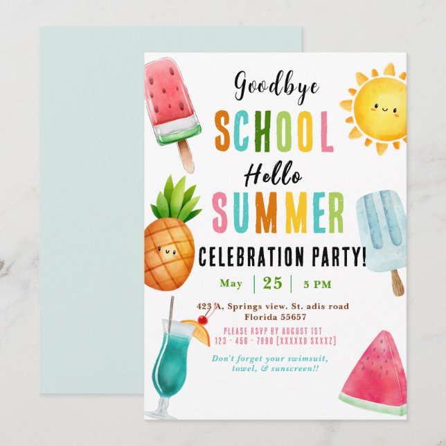 Slutet på skolåret Sommarfest Inbjudningar (Fram/baksida)