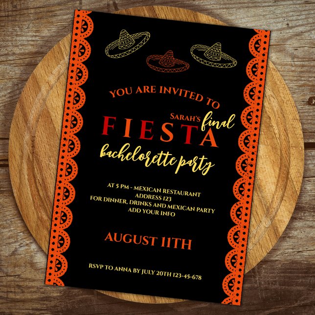 Slutgiltigt Fiesta Mexican Bachelorette Party Inbjudningar (final fiesta bachelorette party weekend itinerary invitation red and orange sombreros mexican themed)